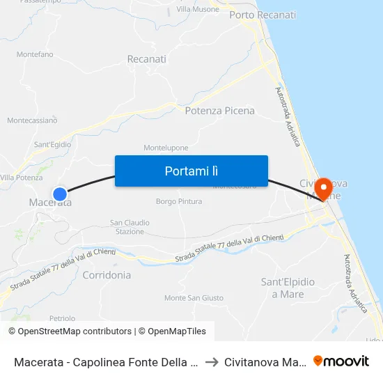 Macerata - Capolinea Fonte Della Quercia to Civitanova Marche map