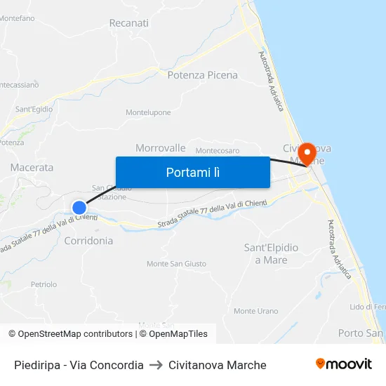 Piediripa - Via Concordia to Civitanova Marche map