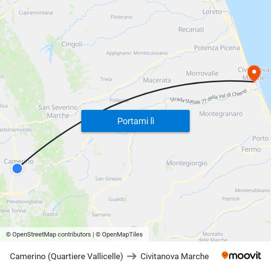 Camerino (Quartiere Vallicelle) to Civitanova Marche map