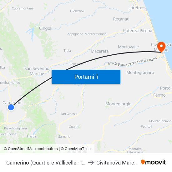 Camerino (Quartiere Vallicelle - Itc) to Civitanova Marche map