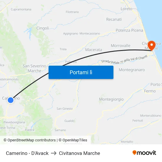 Camerino - D'Avack to Civitanova Marche map