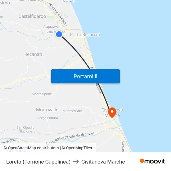 Loreto (Torrione Capolinea) to Civitanova Marche map
