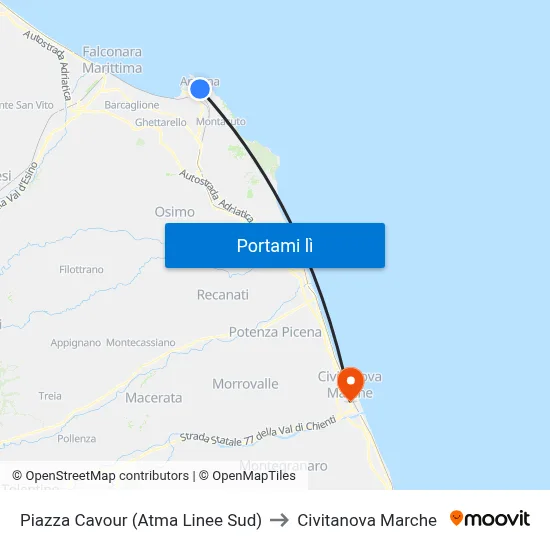 Piazza Cavour (Atma Linee Sud) to Civitanova Marche map