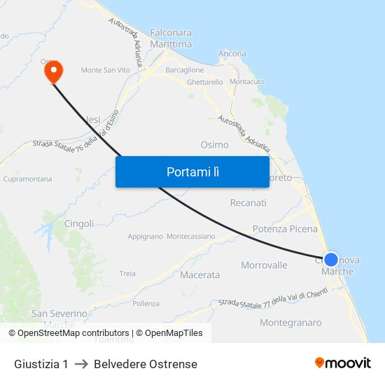 Giustizia 1 to Belvedere Ostrense map