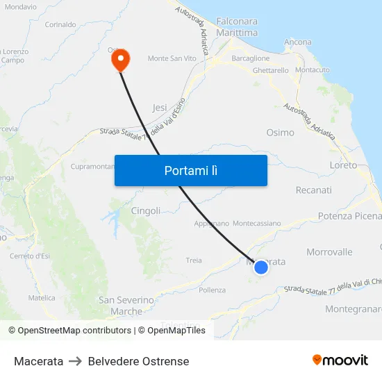 Macerata to Belvedere Ostrense map