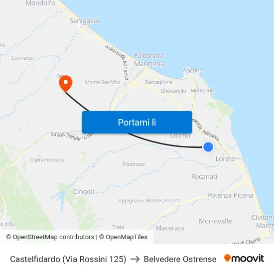 Castelfidardo (Via Rossini 125) to Belvedere Ostrense map