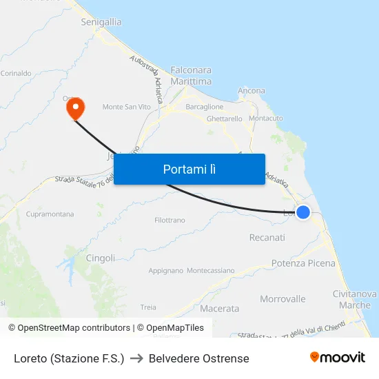 Loreto (Stazione F.S.) to Belvedere Ostrense map