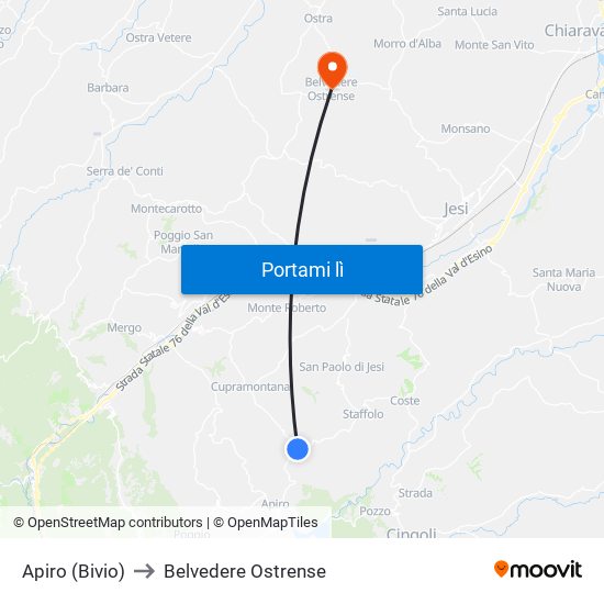Apiro (Bivio) to Belvedere Ostrense map