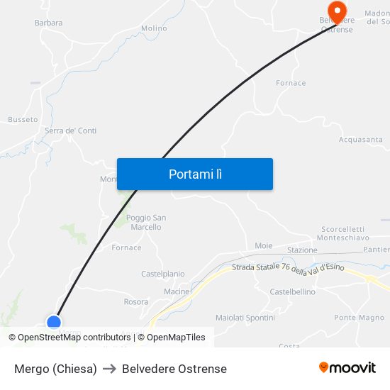 Mergo (Chiesa) to Belvedere Ostrense map