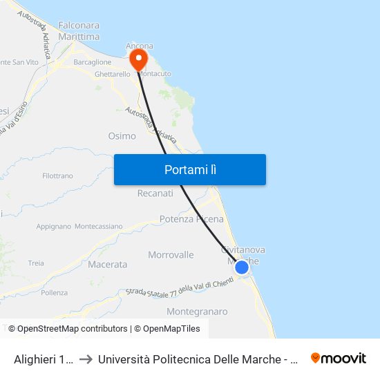 Alighieri 1 - Farmacia to Università Politecnica Delle Marche - Polo ""Alfredo Trifogli"" Monte Dago map