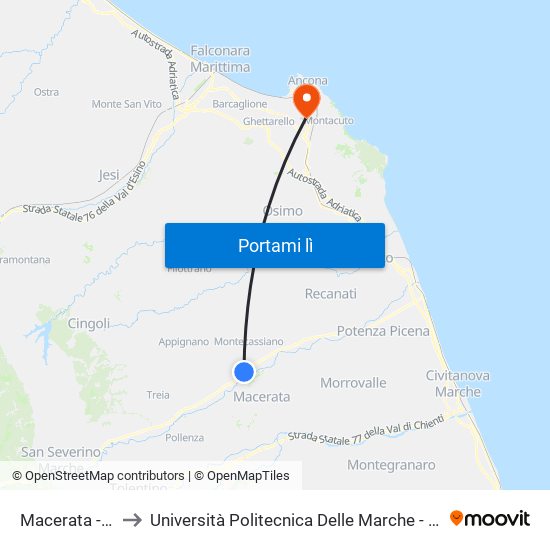 Macerata - Centro Fiere to Università Politecnica Delle Marche - Polo ""Alfredo Trifogli"" Monte Dago map