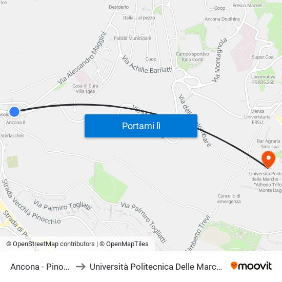 Ancona - Pinocchio - Pontelungo to Università Politecnica Delle Marche - Polo ""Alfredo Trifogli"" Monte Dago map