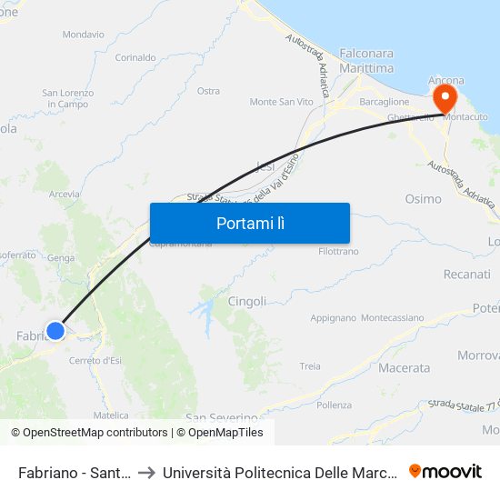 Fabriano - Santa Maria (Via Dante) to Università Politecnica Delle Marche - Polo ""Alfredo Trifogli"" Monte Dago map