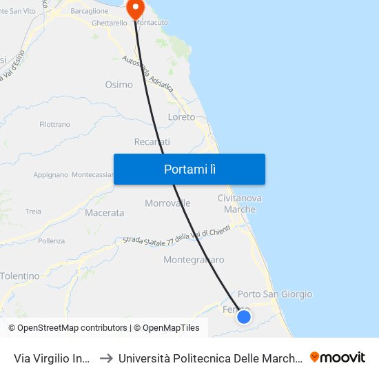 Via Virgilio Incr. Via Pompeiana to Università Politecnica Delle Marche - Polo ""Alfredo Trifogli"" Monte Dago map