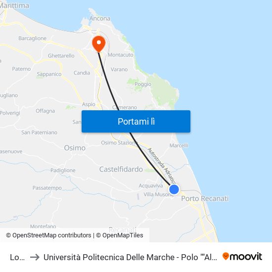 Loreto to Università Politecnica Delle Marche - Polo ""Alfredo Trifogli"" Monte Dago map