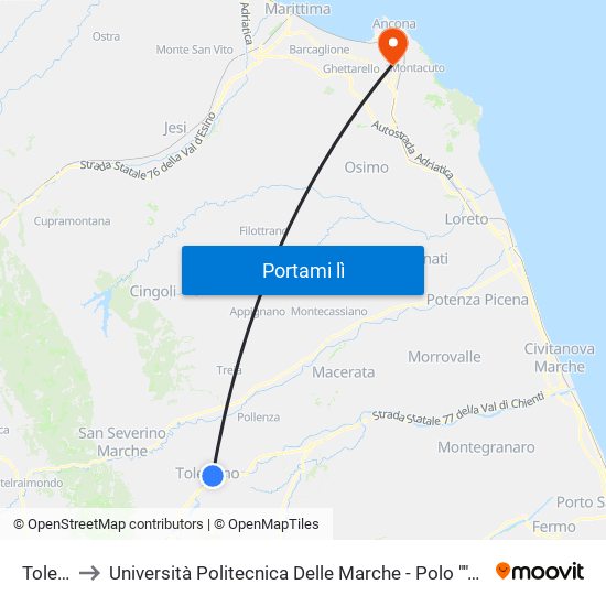 Tolentino to Università Politecnica Delle Marche - Polo ""Alfredo Trifogli"" Monte Dago map