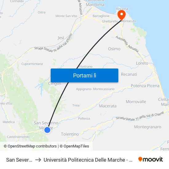 San Severino Marche to Università Politecnica Delle Marche - Polo ""Alfredo Trifogli"" Monte Dago map