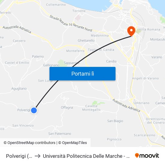 Polverigi (Consorzio) to Università Politecnica Delle Marche - Polo ""Alfredo Trifogli"" Monte Dago map