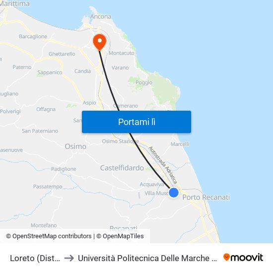 Loreto (Distributore Agip) to Università Politecnica Delle Marche - Polo ""Alfredo Trifogli"" Monte Dago map