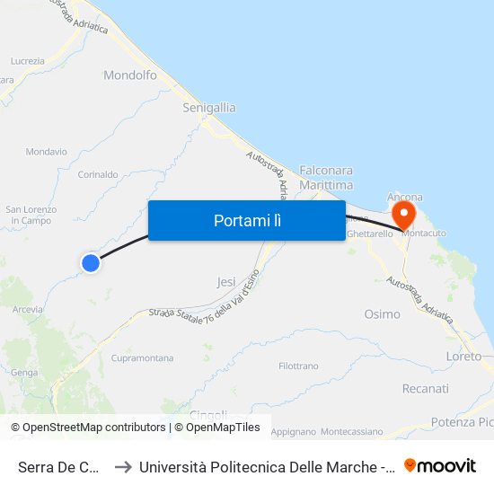 Serra De Conti  (Cimitero) to Università Politecnica Delle Marche - Polo ""Alfredo Trifogli"" Monte Dago map