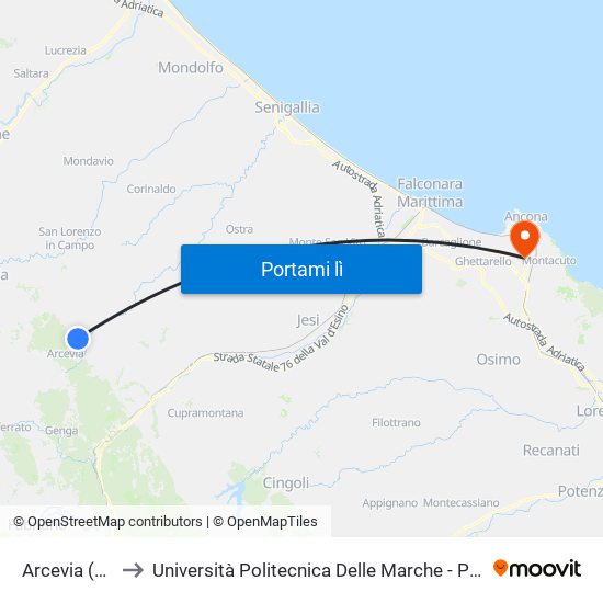 Arcevia (Boschetto) to Università Politecnica Delle Marche - Polo ""Alfredo Trifogli"" Monte Dago map