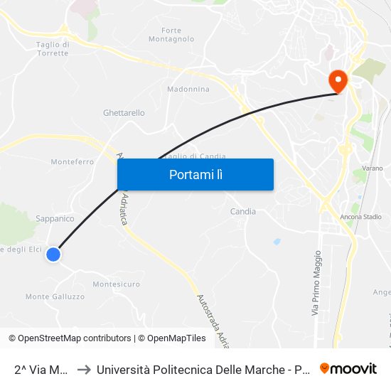 2^ Via Montesicuro to Università Politecnica Delle Marche - Polo ""Alfredo Trifogli"" Monte Dago map