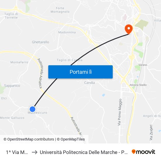 1^ Via Montesicuro to Università Politecnica Delle Marche - Polo ""Alfredo Trifogli"" Monte Dago map