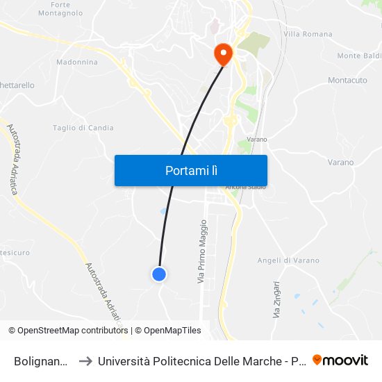 Bolignano Capolinea to Università Politecnica Delle Marche - Polo ""Alfredo Trifogli"" Monte Dago map