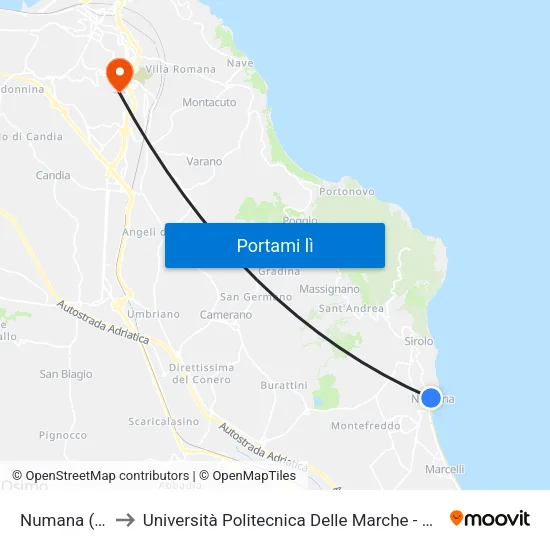 Numana (Pescheria). to Università Politecnica Delle Marche - Polo ""Alfredo Trifogli"" Monte Dago map