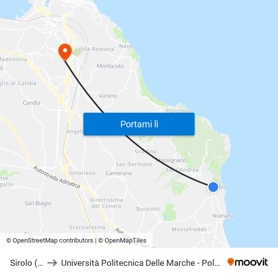 Sirolo (Centro) to Università Politecnica Delle Marche - Polo ""Alfredo Trifogli"" Monte Dago map