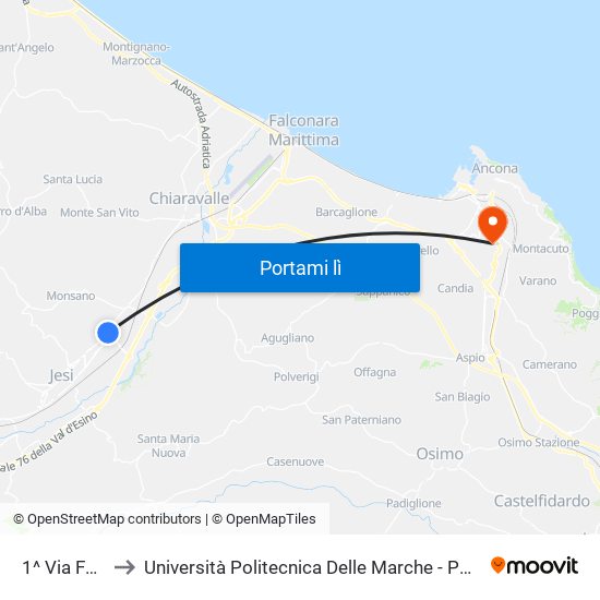 1^ Via Fontedamo to Università Politecnica Delle Marche - Polo ""Alfredo Trifogli"" Monte Dago map