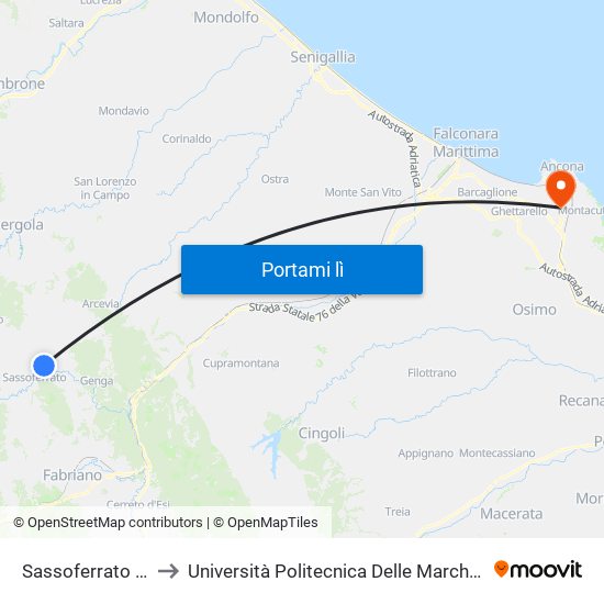 Sassoferrato (V. S. Bernardino) to Università Politecnica Delle Marche - Polo ""Alfredo Trifogli"" Monte Dago map