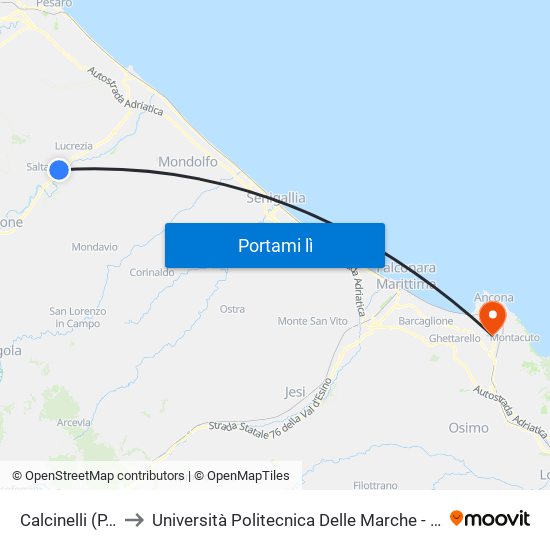 Calcinelli (P.Te Metauro) to Università Politecnica Delle Marche - Polo ""Alfredo Trifogli"" Monte Dago map