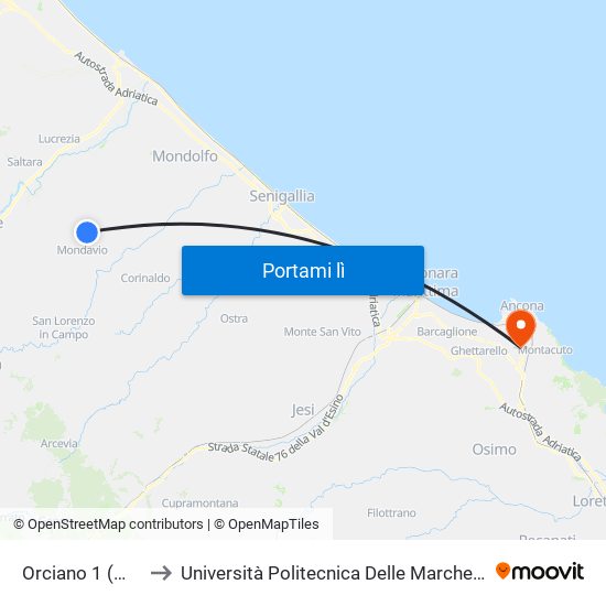 Orciano 1 (M.Te Delle Stelle) to Università Politecnica Delle Marche - Polo ""Alfredo Trifogli"" Monte Dago map