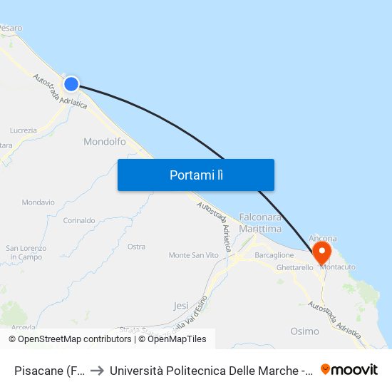 Pisacane (Fano Gomme) to Università Politecnica Delle Marche - Polo ""Alfredo Trifogli"" Monte Dago map