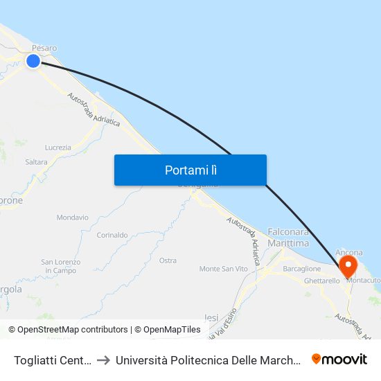 Togliatti Centro Commerciale to Università Politecnica Delle Marche - Polo ""Alfredo Trifogli"" Monte Dago map