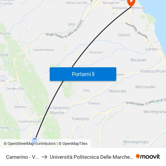 Camerino - Via D'Accorso 16 to Università Politecnica Delle Marche - Polo ""Alfredo Trifogli"" Monte Dago map