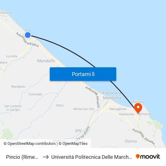 Pincio (Rimembranze) Stallo C to Università Politecnica Delle Marche - Polo ""Alfredo Trifogli"" Monte Dago map