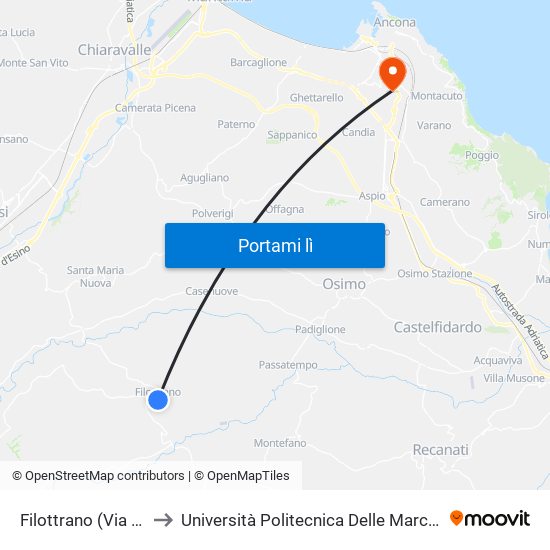 Filottrano (Via Italia Inc. S.Lorenzo) to Università Politecnica Delle Marche - Polo ""Alfredo Trifogli"" Monte Dago map