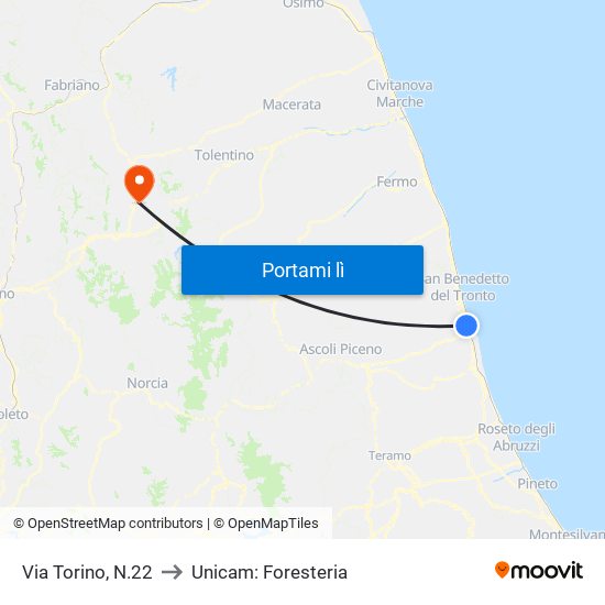 Via Torino, N.22 to Unicam: Foresteria map