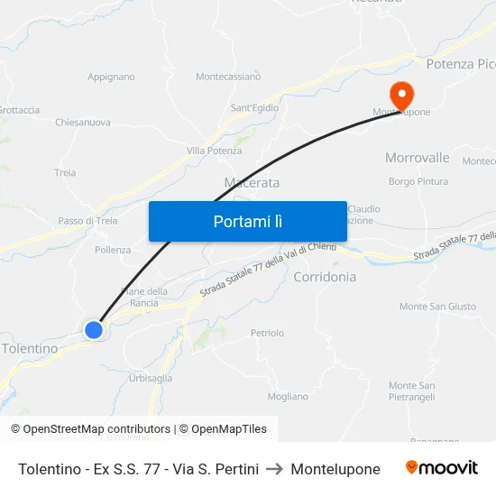 Tolentino - Ex S.S. 77 - Via S. Pertini to Montelupone map