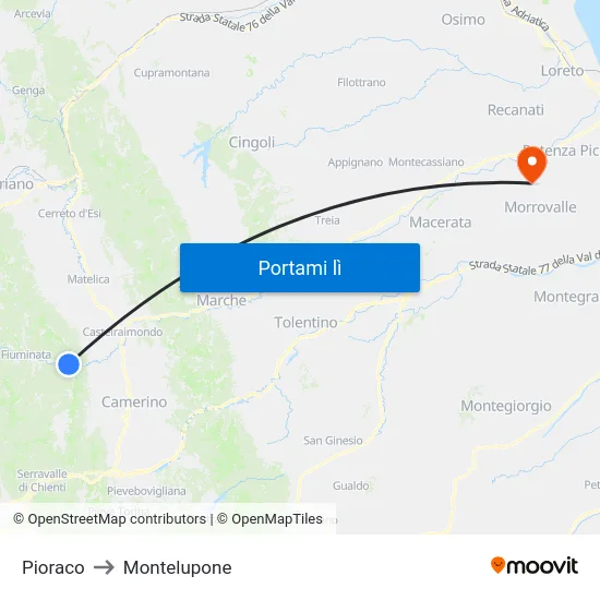 Pioraco to Montelupone map