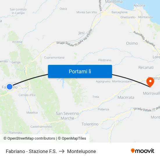 Fabriano  - Stazione F.S. to Montelupone map