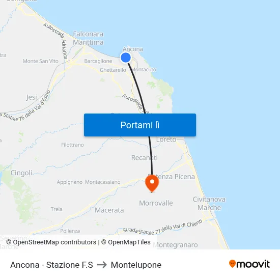 Ancona - Stazione F.S to Montelupone map