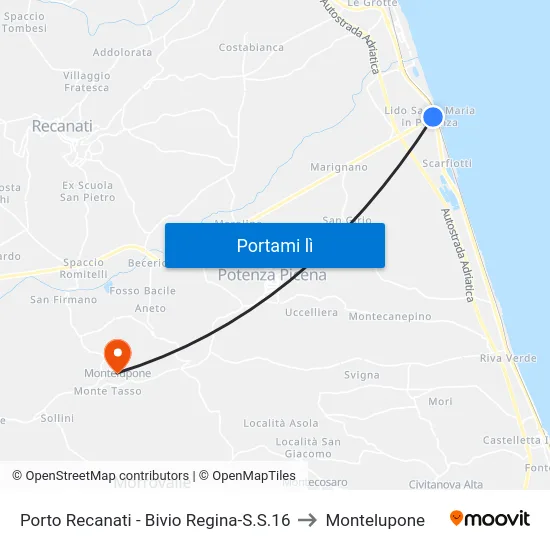 Porto Recanati - Bivio Regina-S.S.16 to Montelupone map