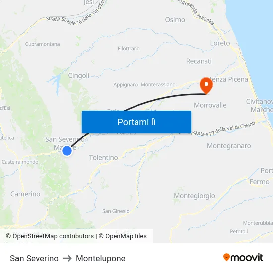 San Severino to Montelupone map