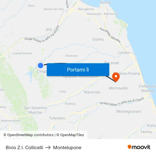 Bivio Z.I. Collicelli to Montelupone map
