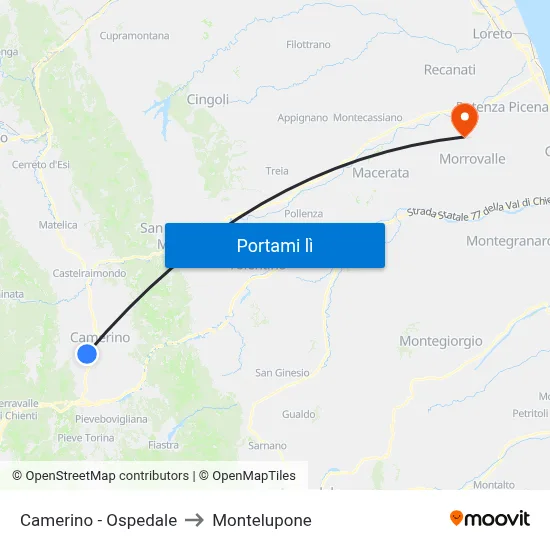 Camerino - Ospedale to Montelupone map