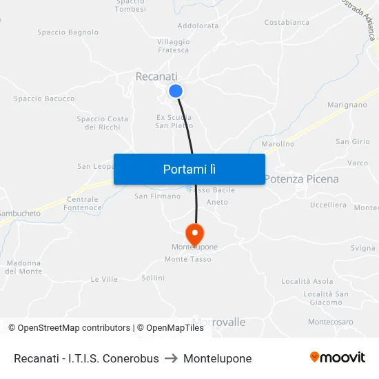Recanati - I.T.I.S. Conerobus to Montelupone map