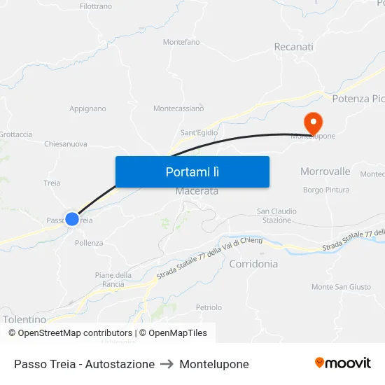 Passo Treia - Autostazione to Montelupone map
